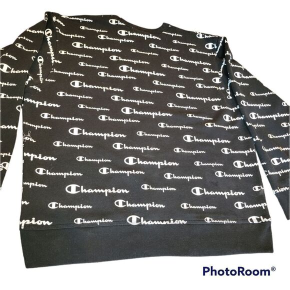 Champion Black White Men's Powerblend AOP Crewneck Logo Sweatshirt XL - Picture 7 of 13